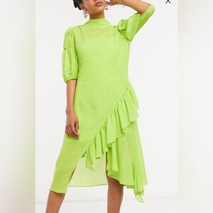 Lost Ink high neck midi smock dress with ruffle in sheer